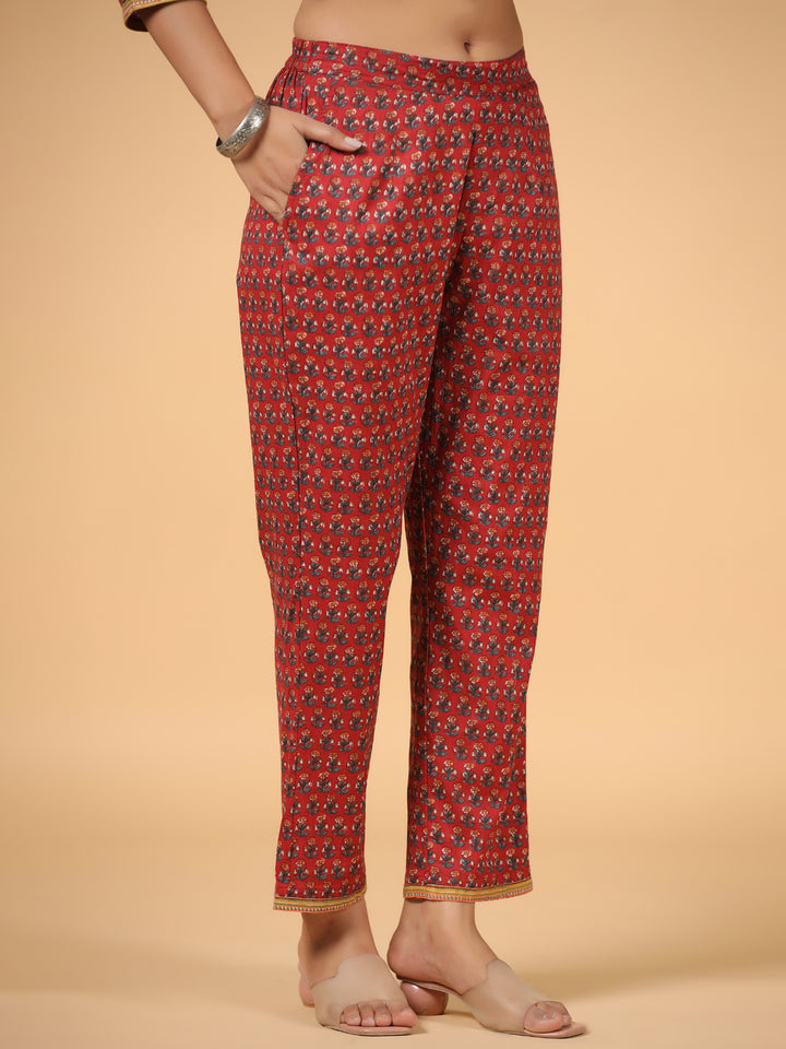 Red Cotton Printed Shirt Collar Kurta Pant Set