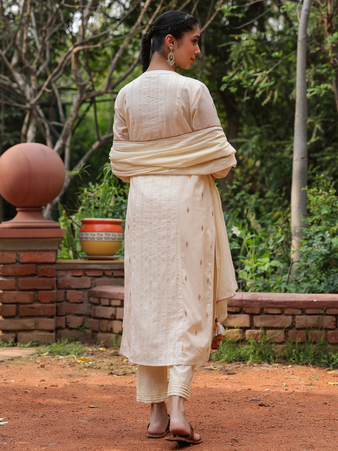 Beige Cotton Lurex Embroidered Kurta Pant Set with Dupatta