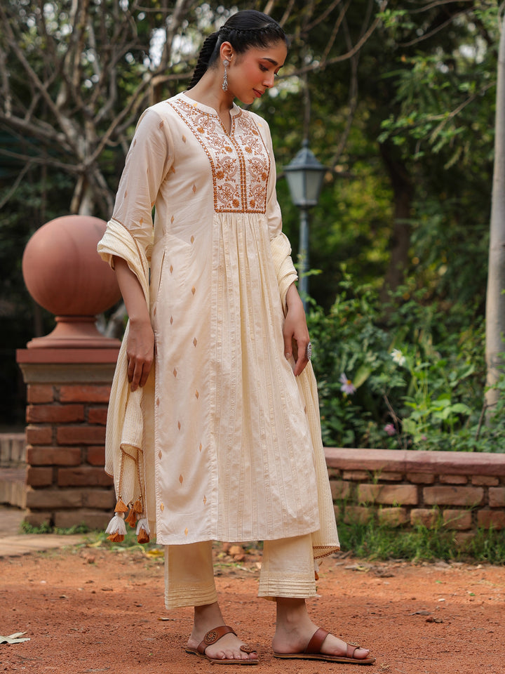 Beige Cotton Lurex Embroidered Kurta Pant Set with Dupatta