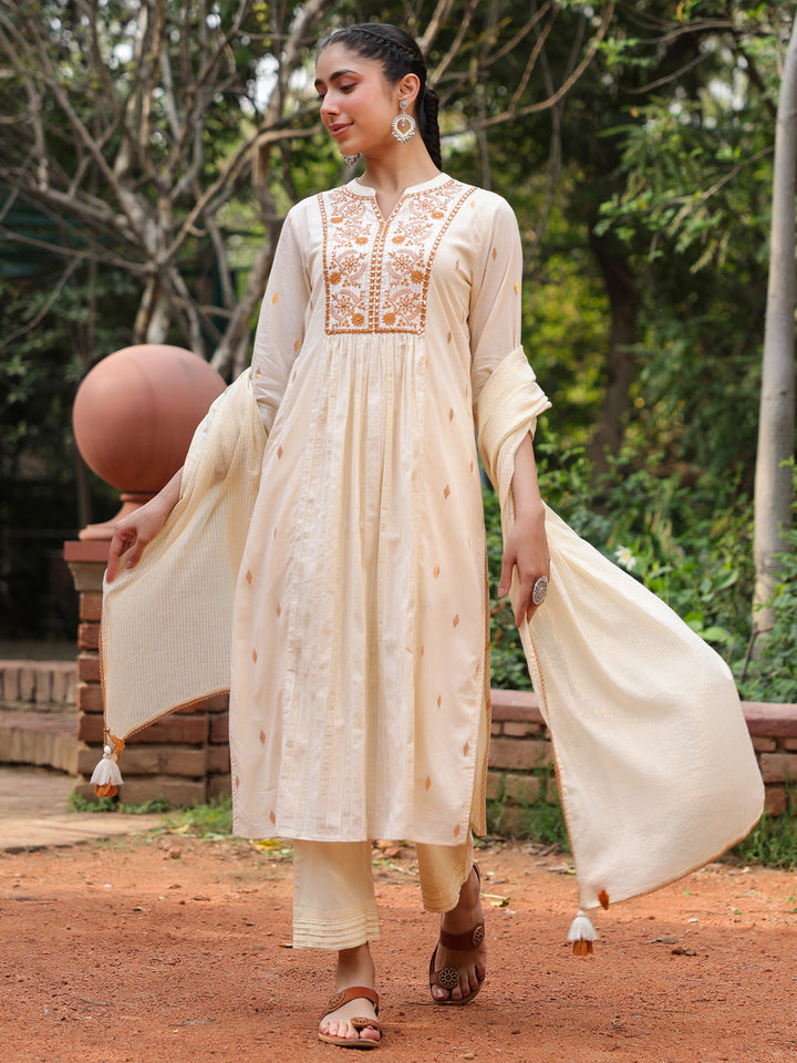 Beige Cotton Lurex Embroidered Kurta Pant Set with Dupatta