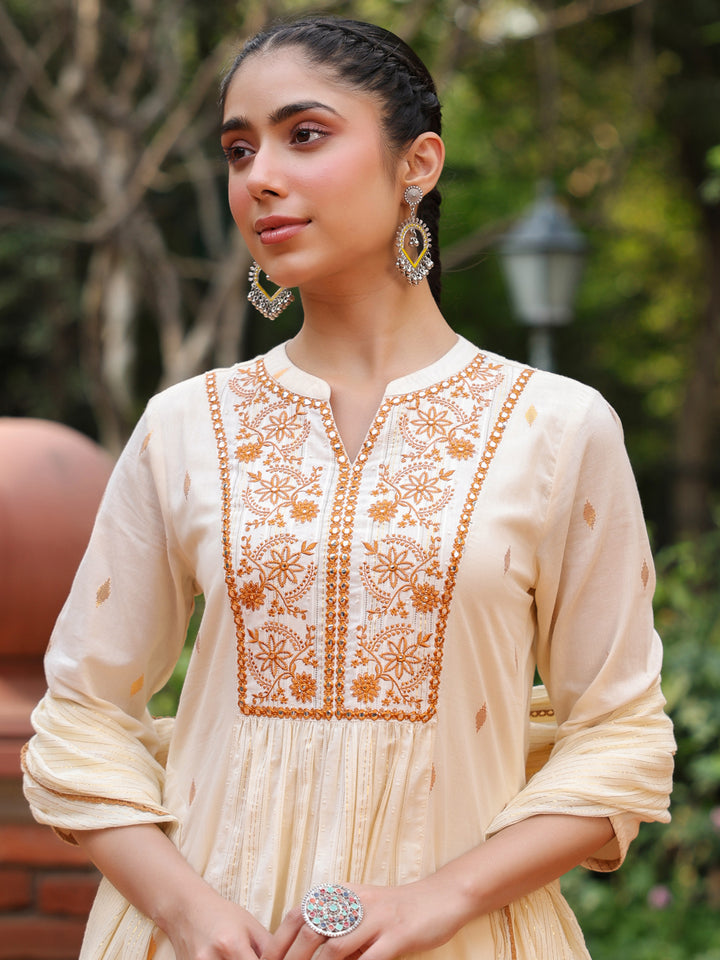 Beige Cotton Lurex Embroidered Kurta Pant Set with Dupatta