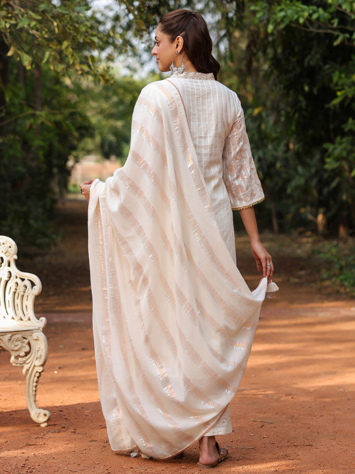Off-White Cotton Lurex Embroidered Kurta Pant Set with Dupatta