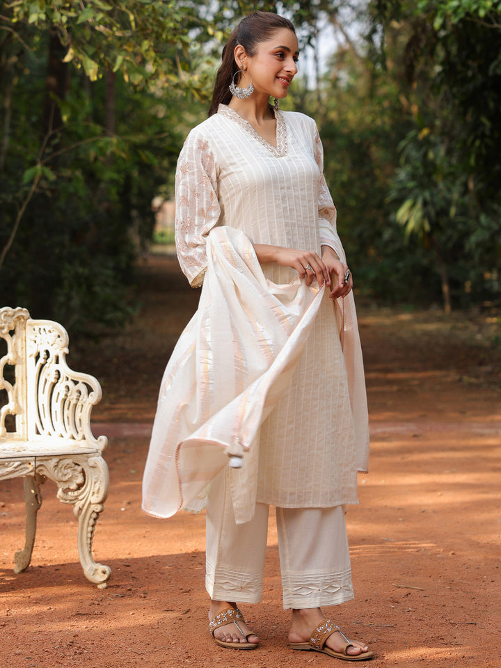 Off-White Cotton Lurex Embroidered Kurta Pant Set with Dupatta