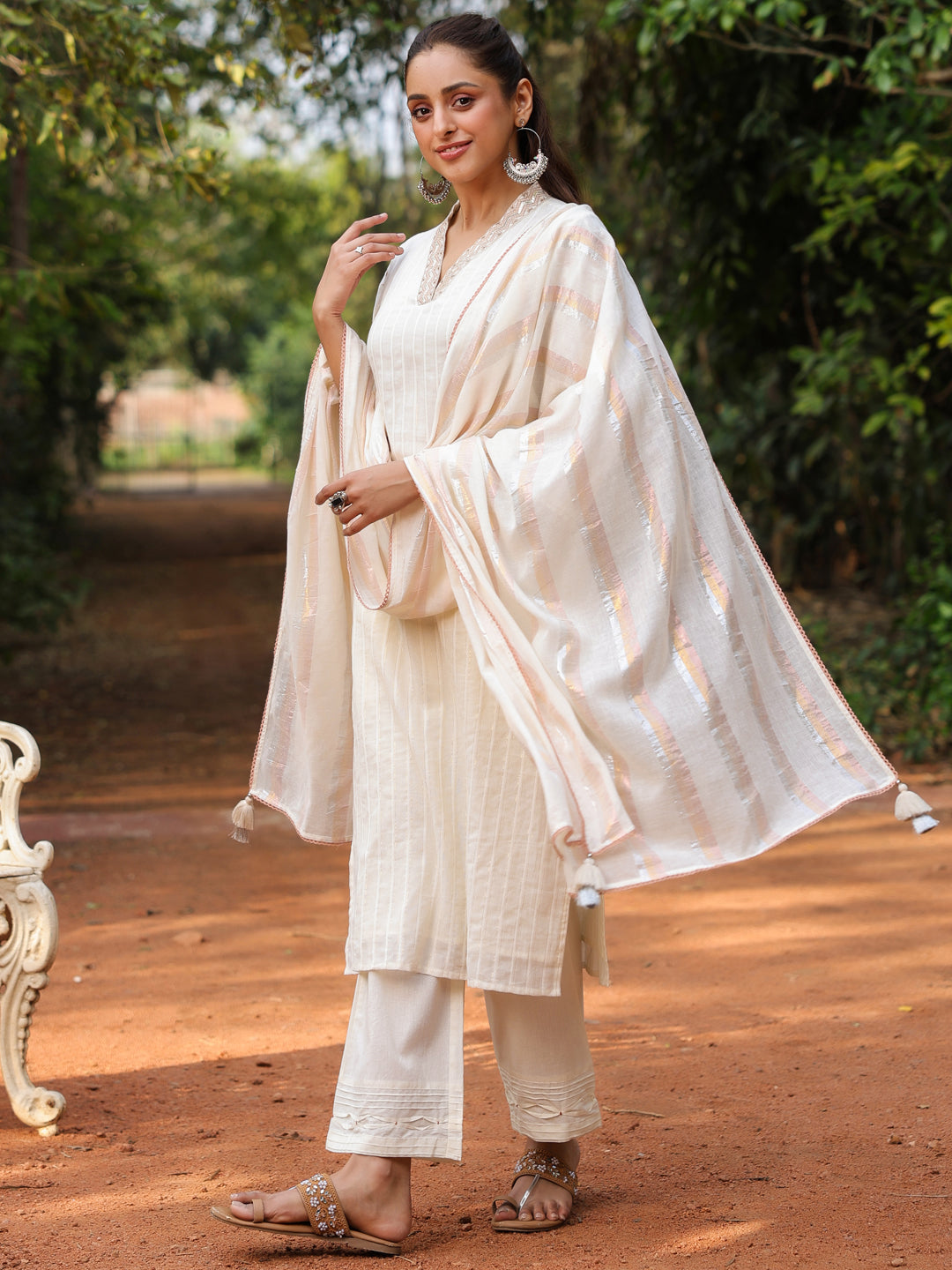 Off-White Cotton Lurex Embroidered Kurta Pant Set with Dupatta