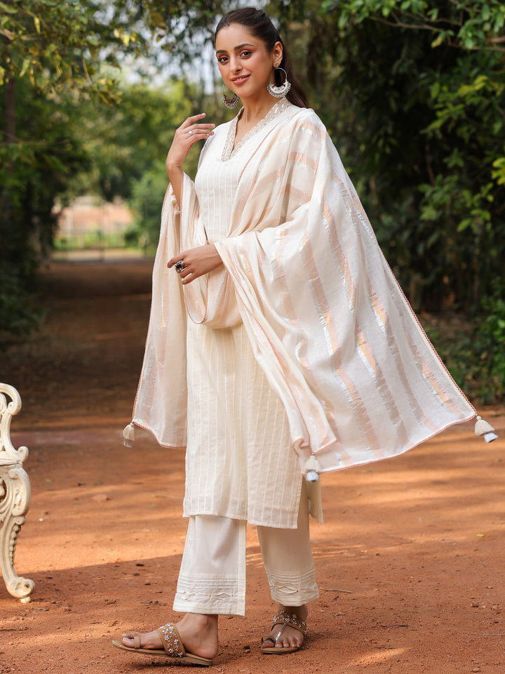 Off-White Cotton Lurex Embroidered Kurta Pant Set with Dupatta