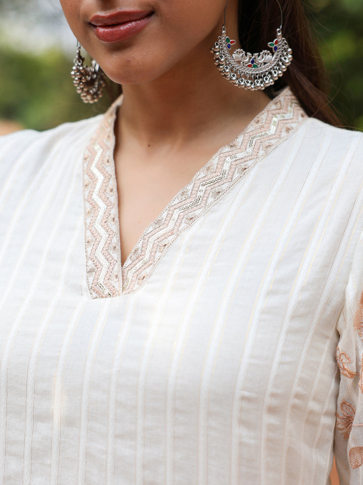 Off-White Cotton Lurex Embroidered Kurta Pant Set with Dupatta