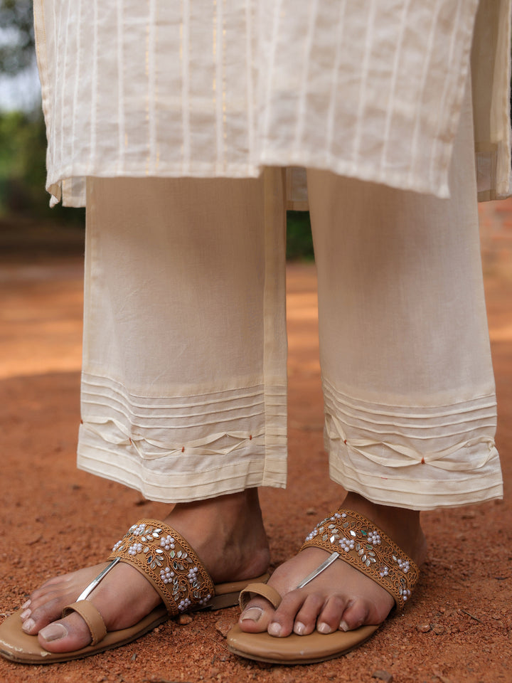 Off-White Cotton Lurex Embroidered Kurta Pant Set with Dupatta