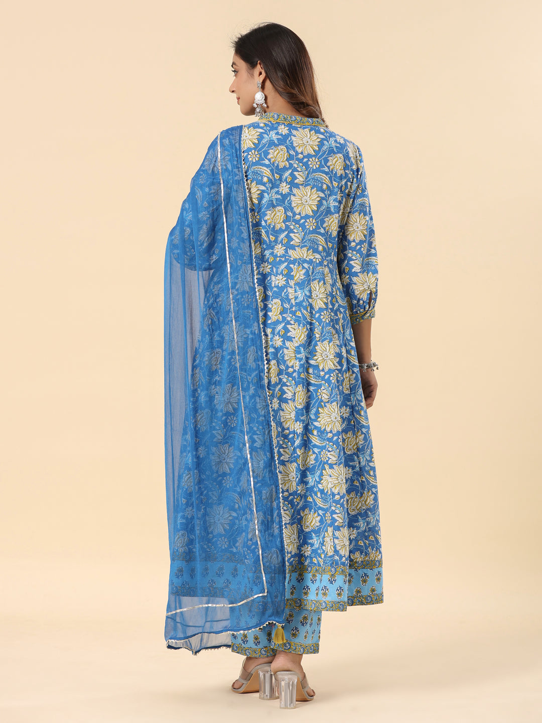 Blue Pure Cotton Floral Print Sequins Work A-Line Kurta Pant Dupatta Set