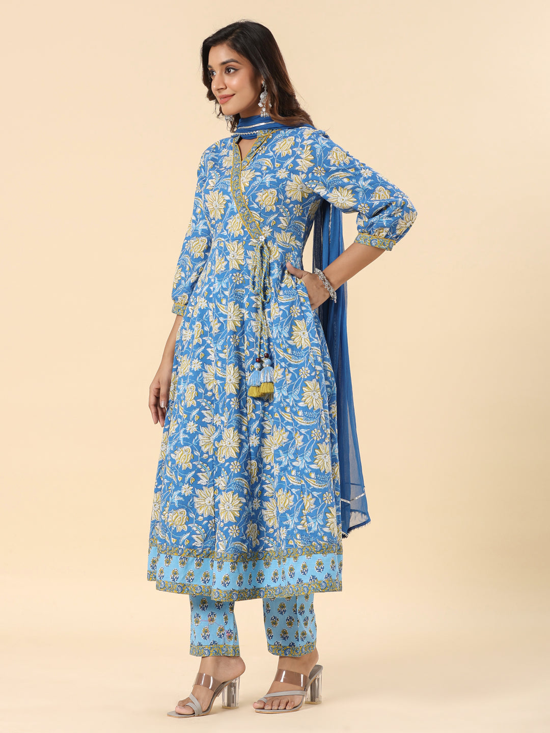 Blue Pure Cotton Floral Print Sequins Work A-Line Kurta Pant Dupatta Set