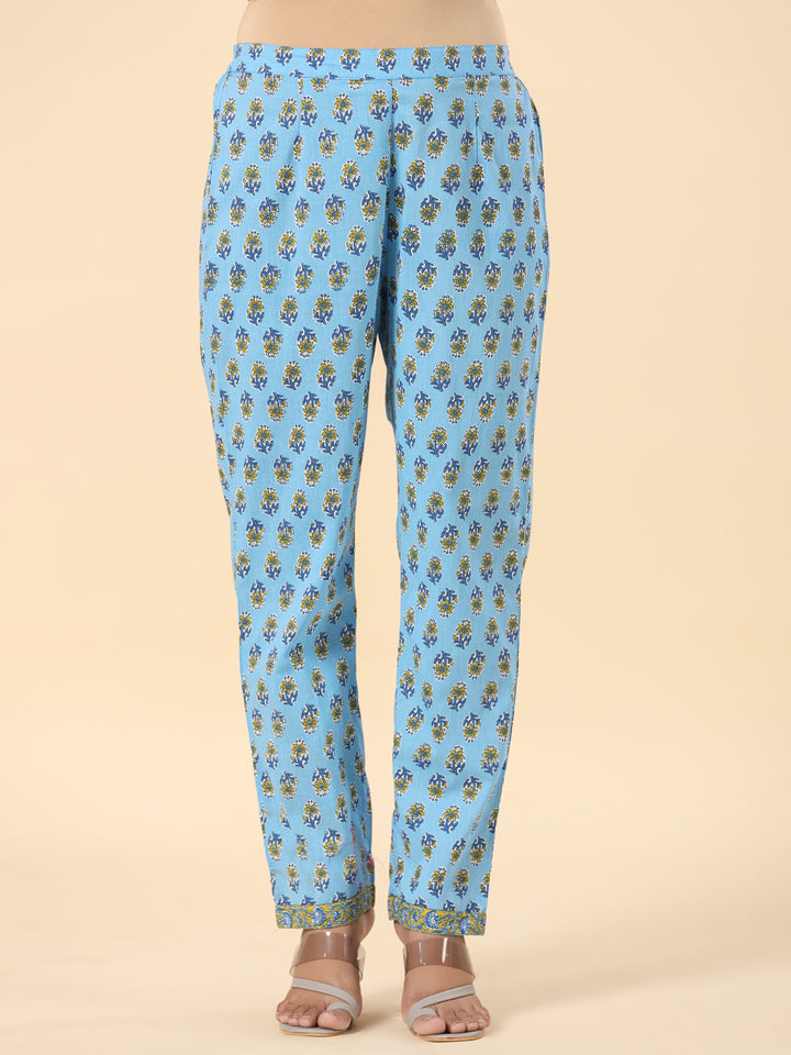 Blue Pure Cotton Floral Print Sequins Work A-Line Kurta Pant Dupatta Set