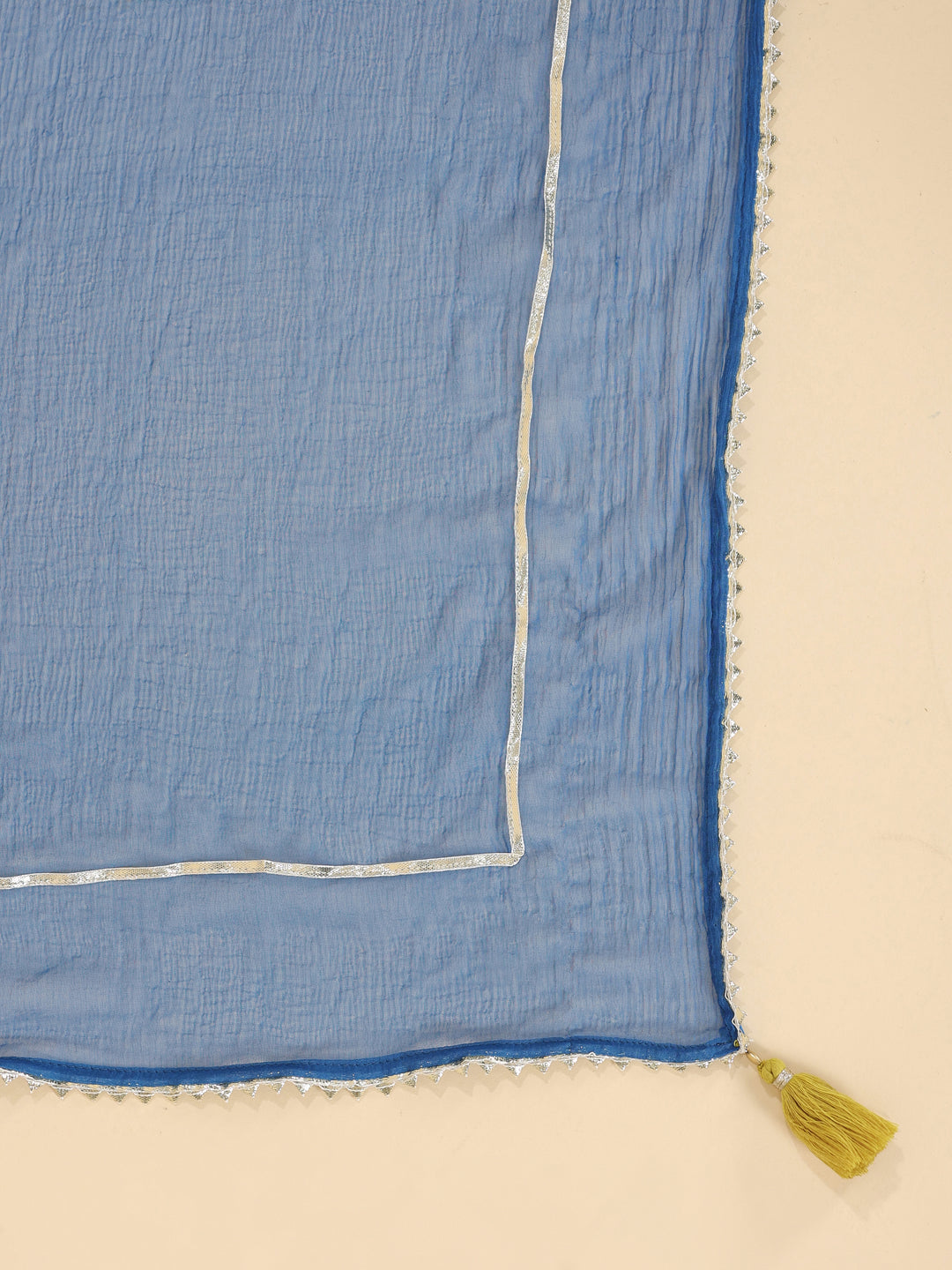 Blue Pure Cotton Floral Print Sequins Work A-Line Kurta Pant Dupatta Set