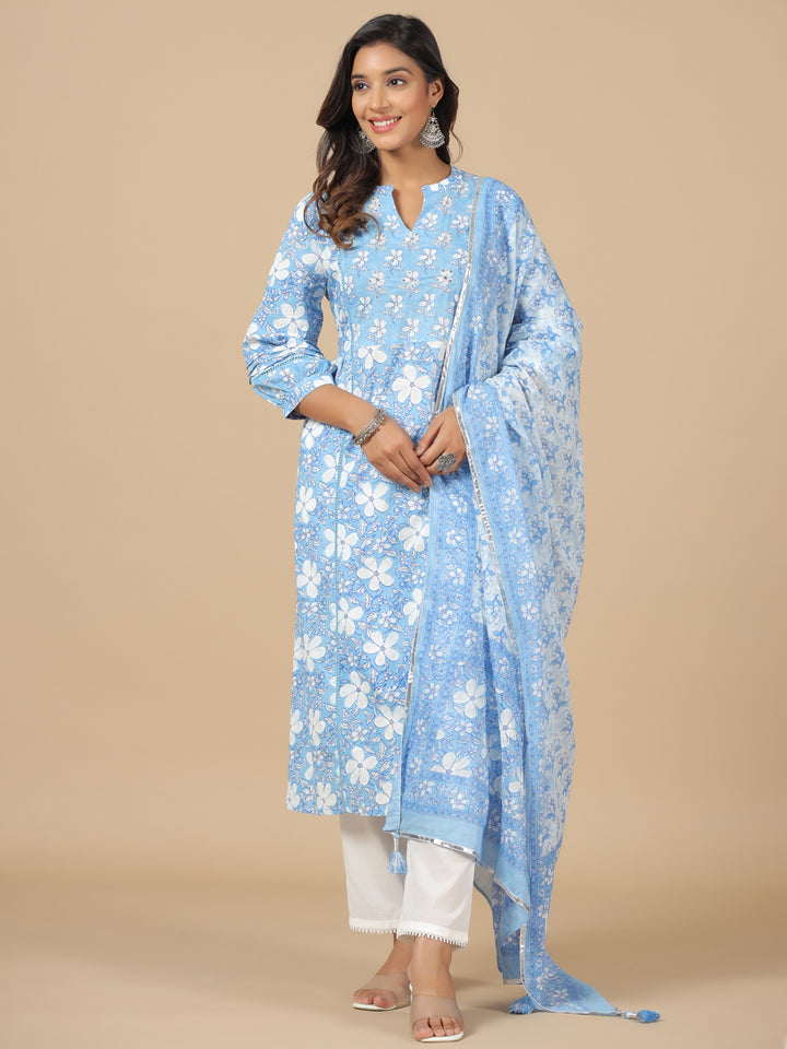 Blue Pure Cotton Floral Print Zari Work Straight Kurta Pant Dupatta Set