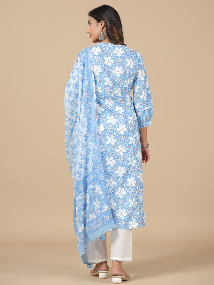 Blue Pure Cotton Floral Print Zari Work Straight Kurta Pant Dupatta Set