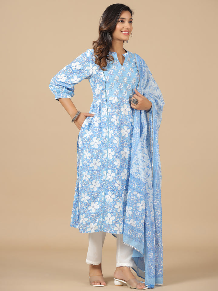 Blue Pure Cotton Floral Print Zari Work Straight Kurta Pant Dupatta Set