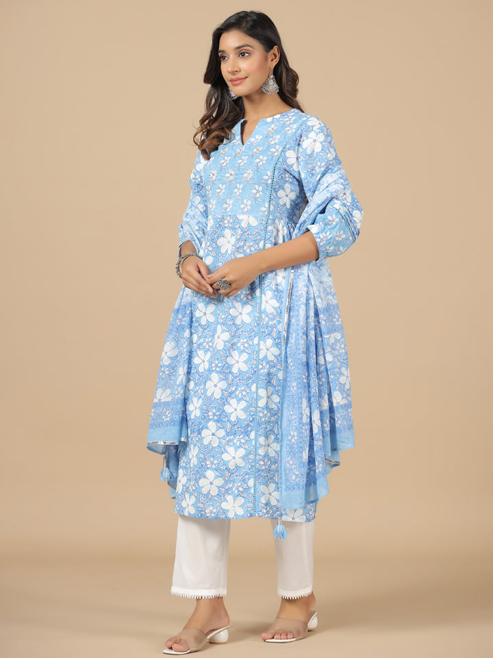 Blue Pure Cotton Floral Print Zari Work Straight Kurta Pant Dupatta Set