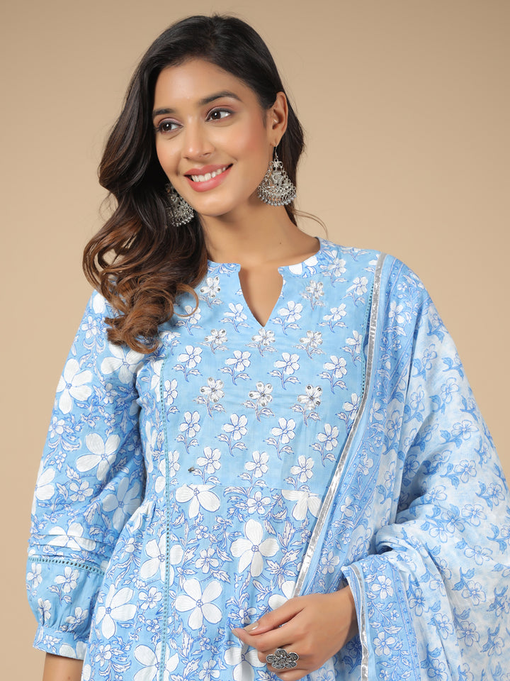 Blue Pure Cotton Floral Print Zari Work Straight Kurta Pant Dupatta Set