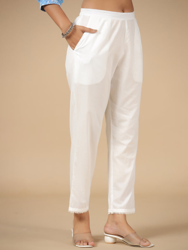 Blue Pure Cotton Floral Print Zari Work Straight Kurta Pant Dupatta Set