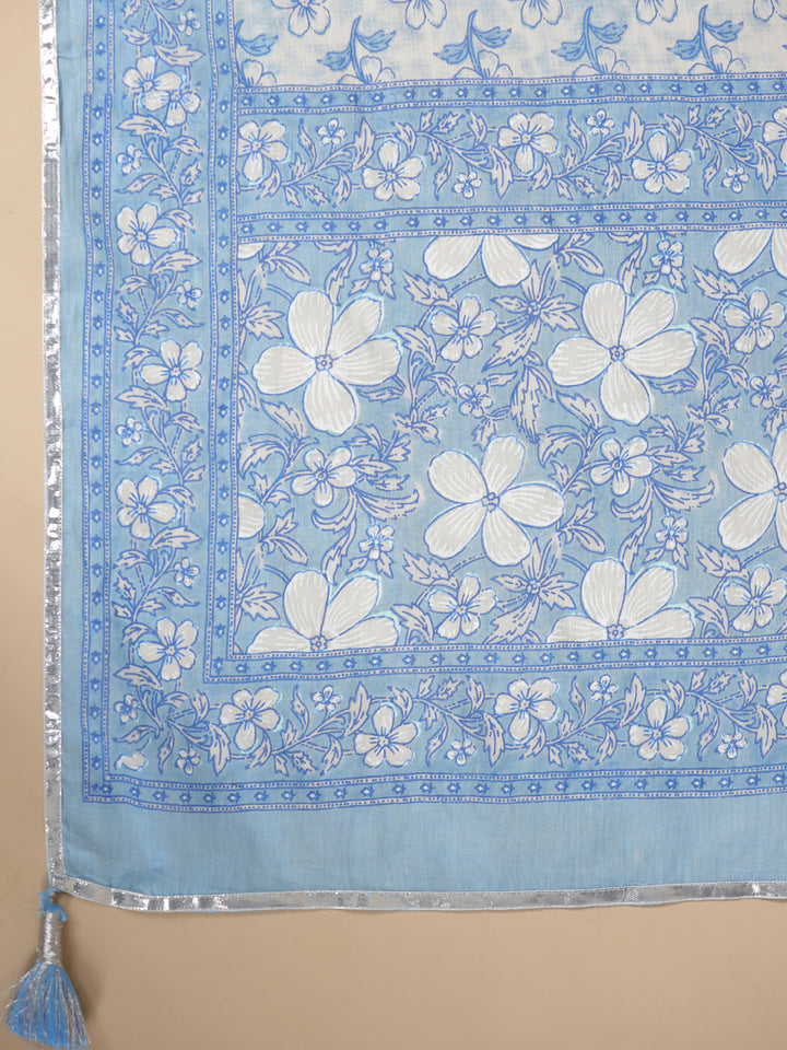 Blue Pure Cotton Floral Print Zari Work Straight Kurta Pant Dupatta Set