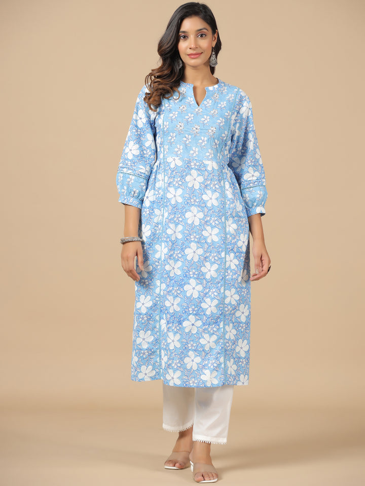 Blue Pure Cotton Floral Print Zari Work Straight Kurta Pant Dupatta Set