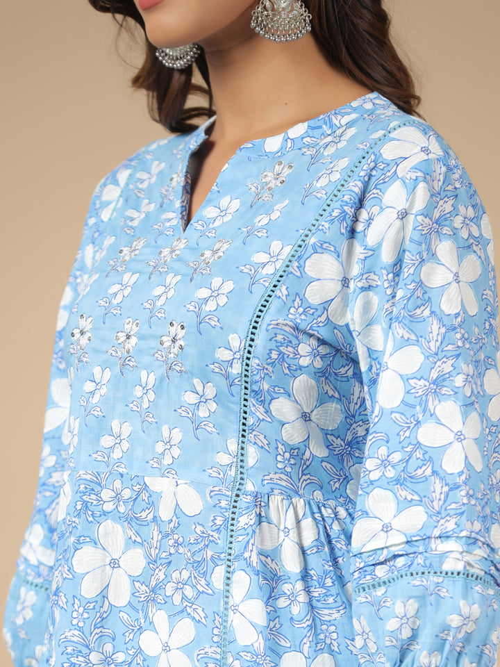 Blue Pure Cotton Floral Print Zari Work Straight Kurta Pant Dupatta Set