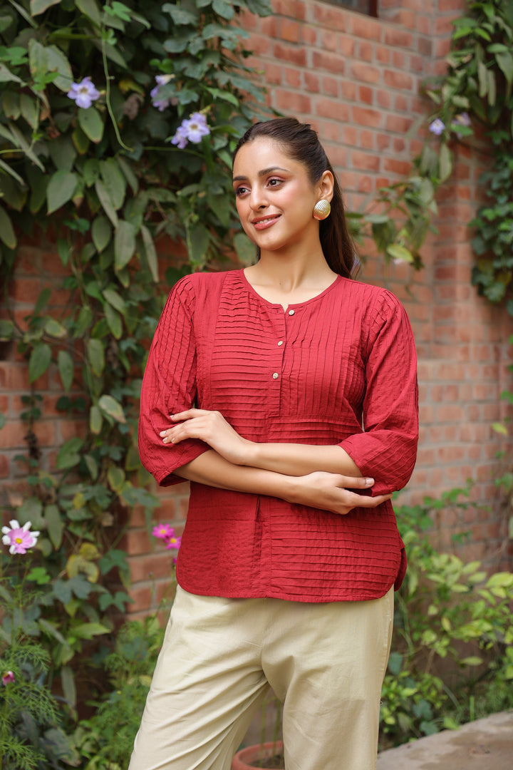 Red Cotton Pintuck Detailed Top