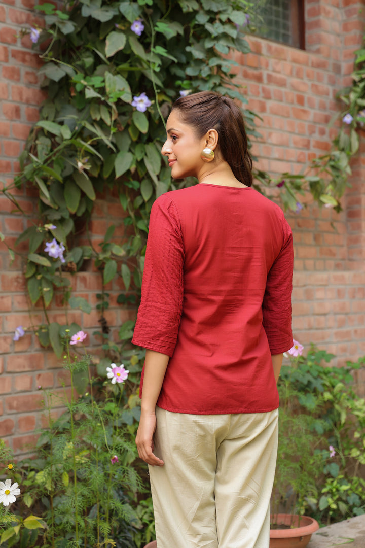Red Cotton Pintuck Detailed Top