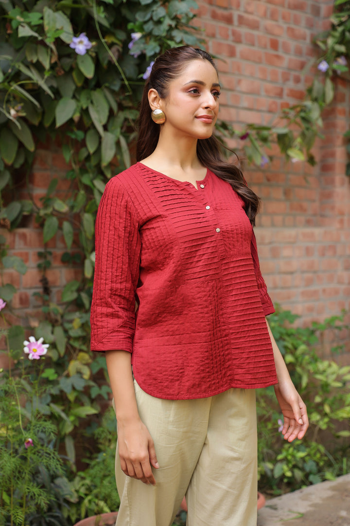 Red Cotton Pintuck Detailed Top