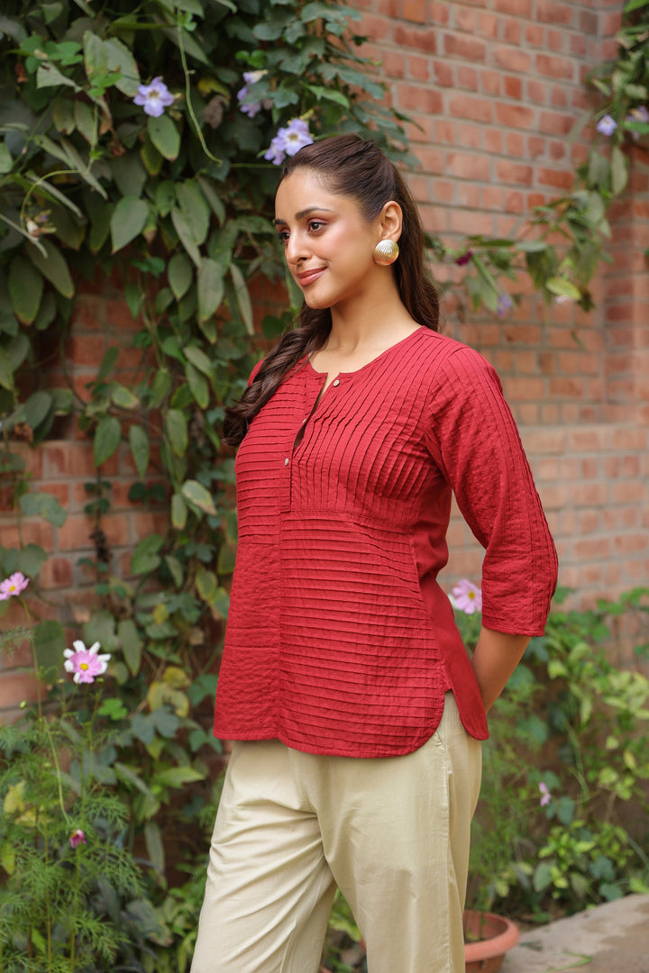Red Cotton Pintuck Detailed Top
