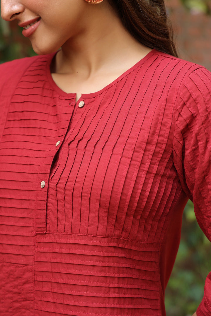 Red Cotton Pintuck Detailed Top