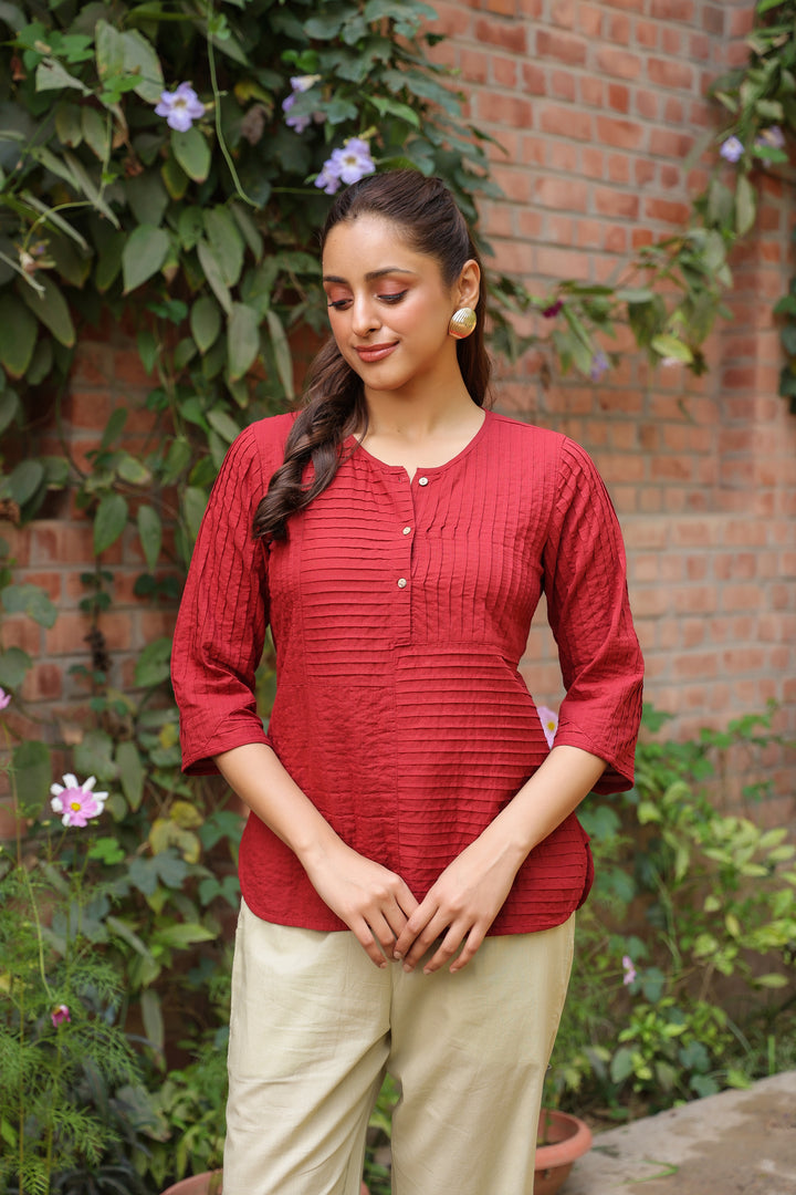 Red Cotton Pintuck Detailed Top