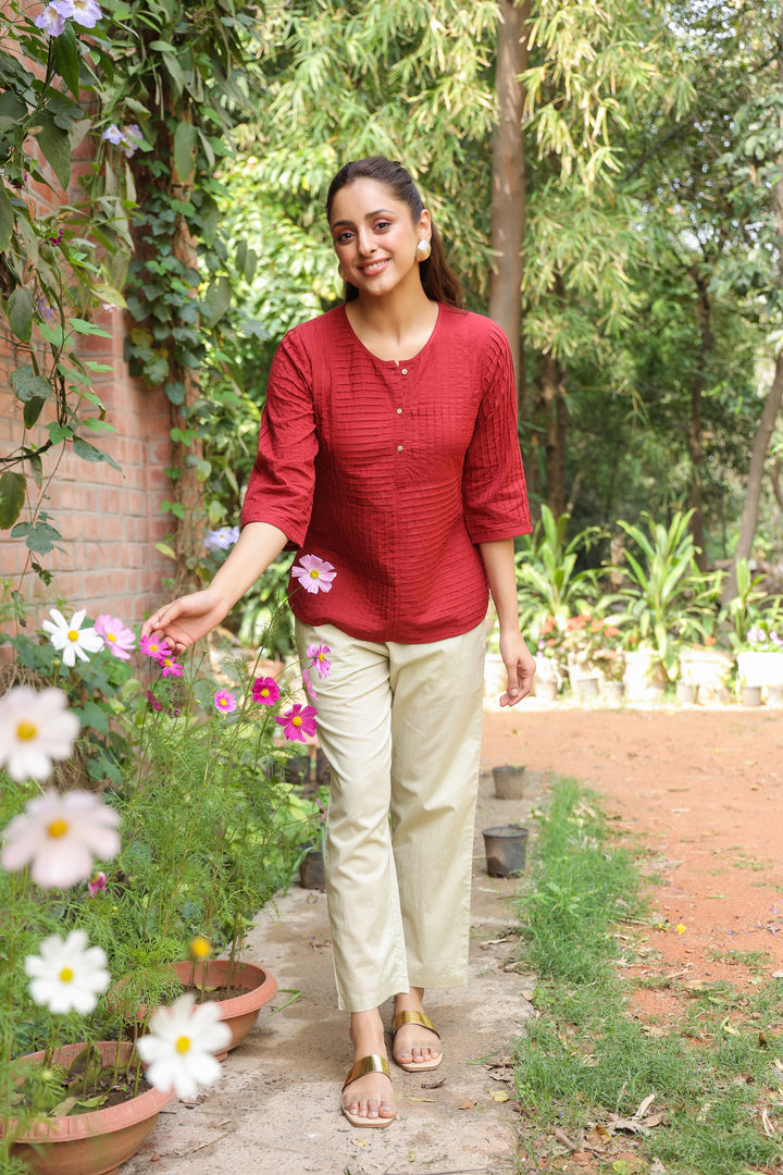 Red Cotton Pintuck Detailed Top