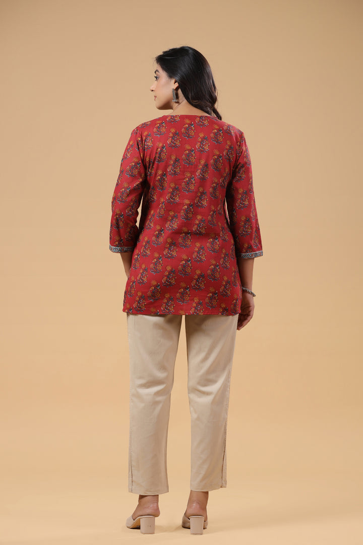 Red Cotton Floral Printed Top
