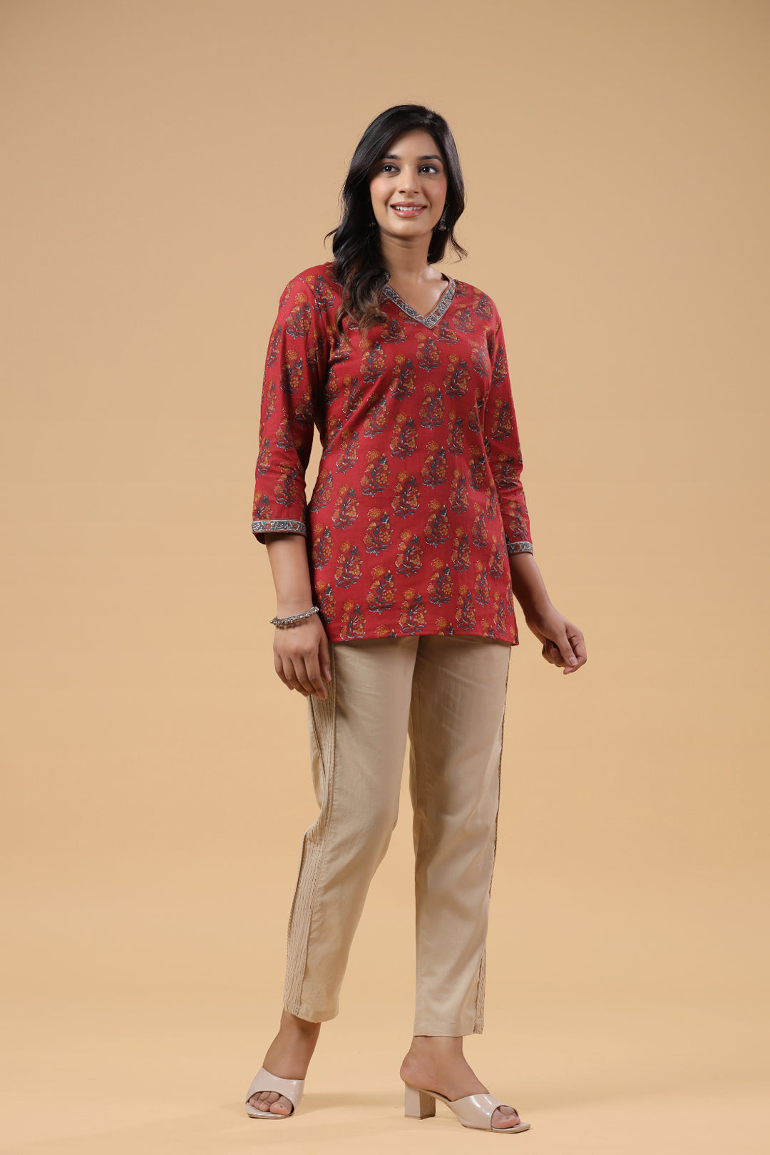 Red Cotton Floral Printed Top
