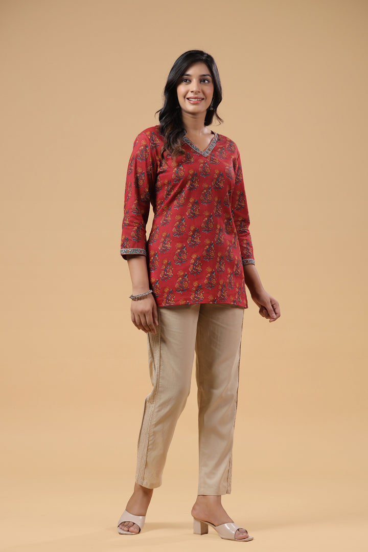 Red Cotton Floral Printed Top
