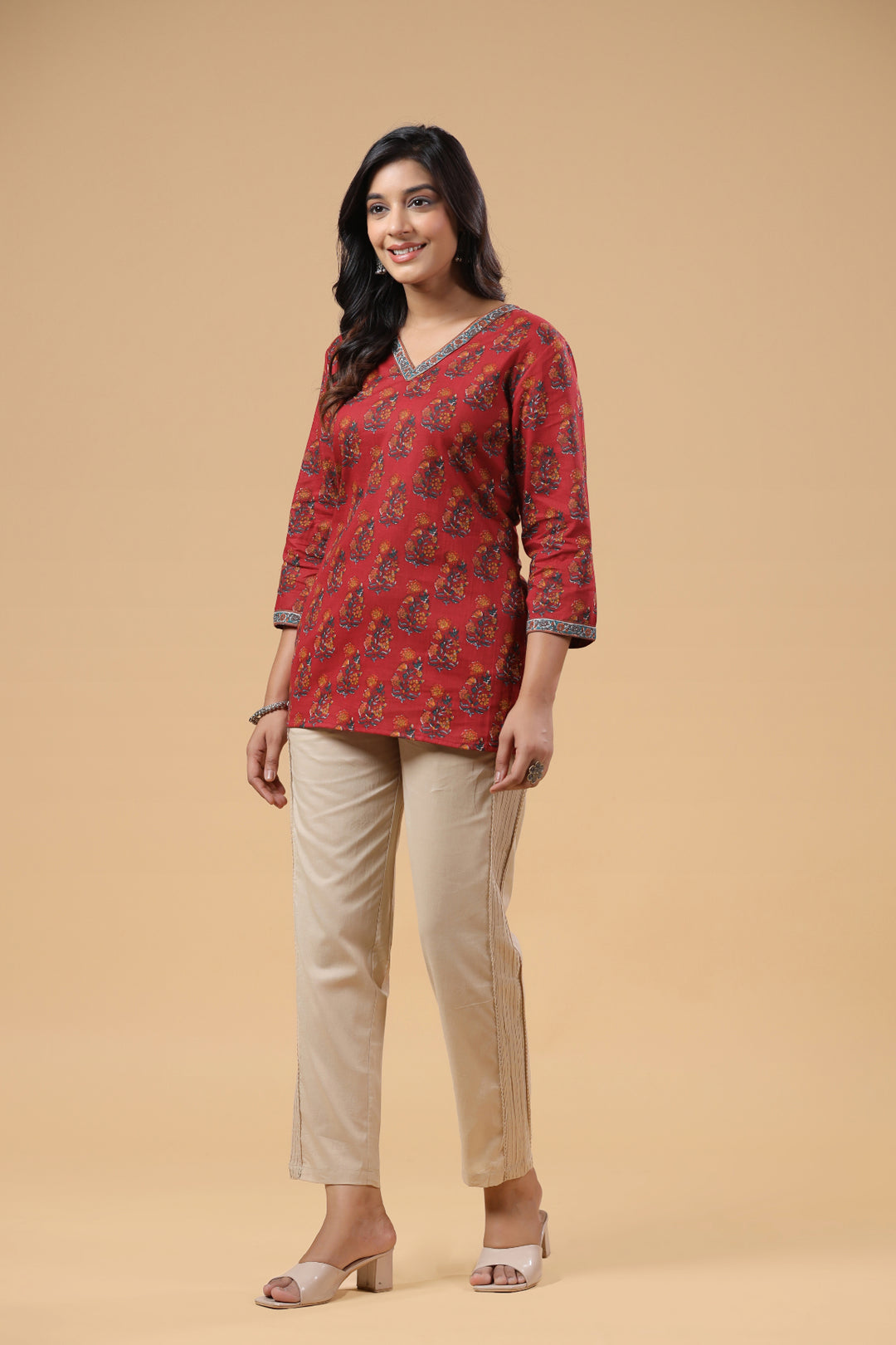 Red Cotton Floral Printed Top
