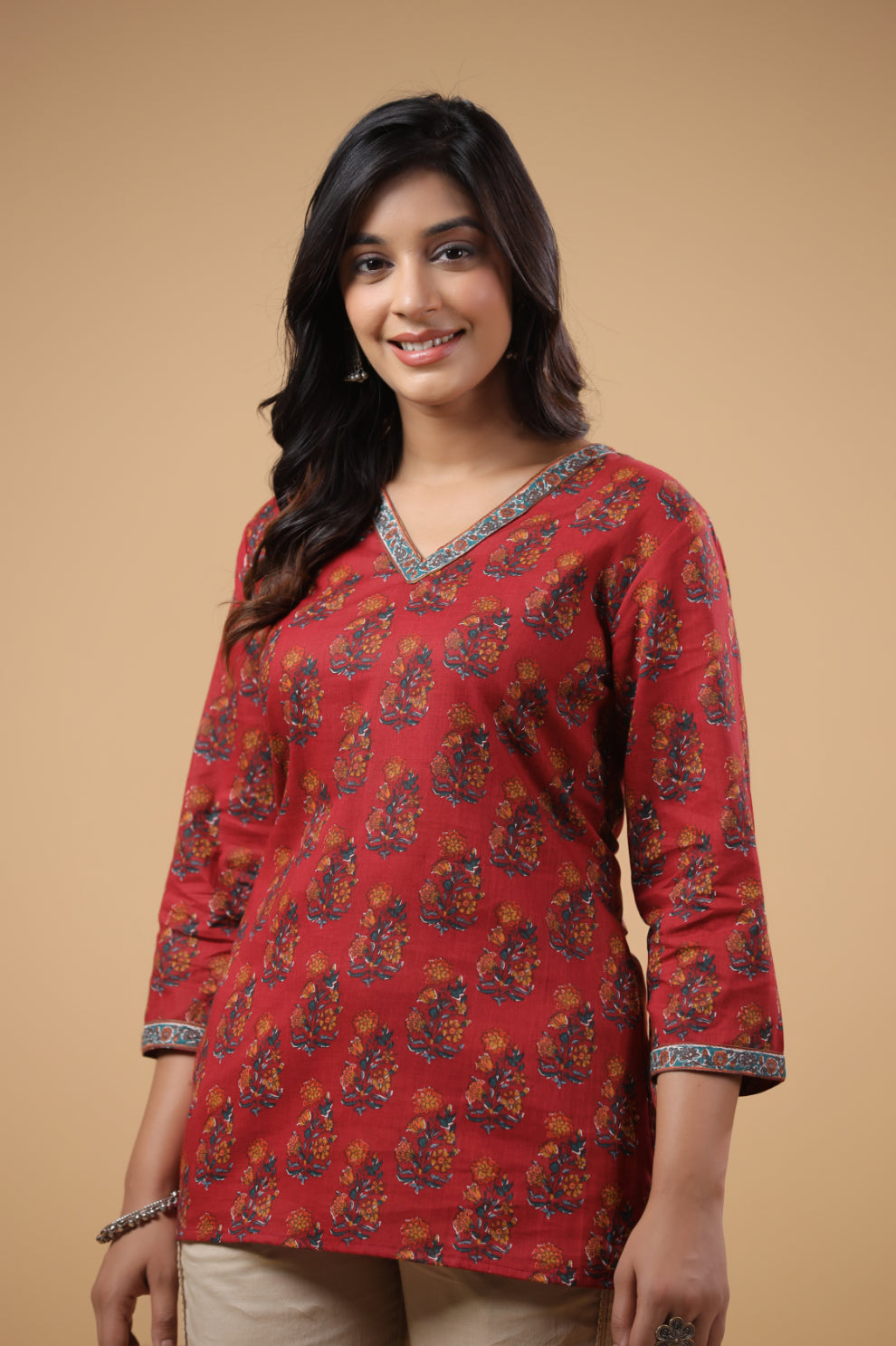 Red Cotton Floral Printed Top