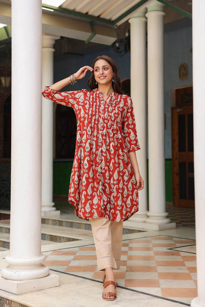 Red Cotton Printed Pintuck Detailed Kurta