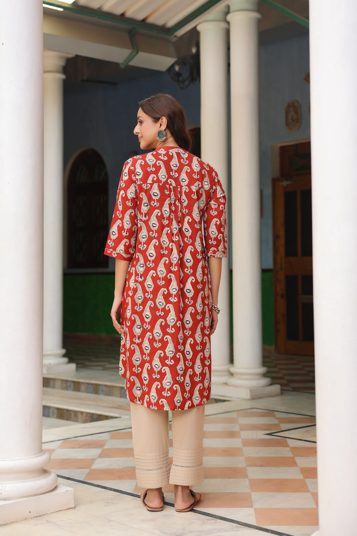 Red Cotton Printed Pintuck Detailed Kurta