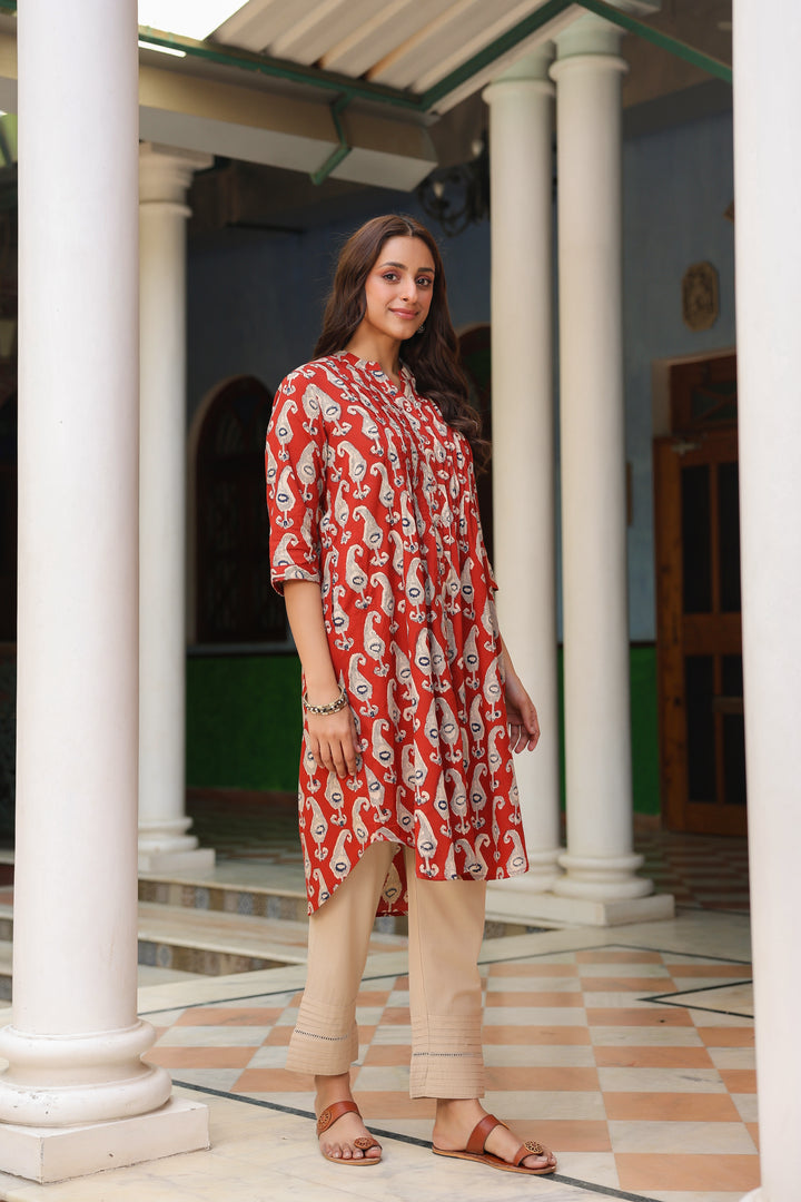 Red Cotton Printed Pintuck Detailed Kurta