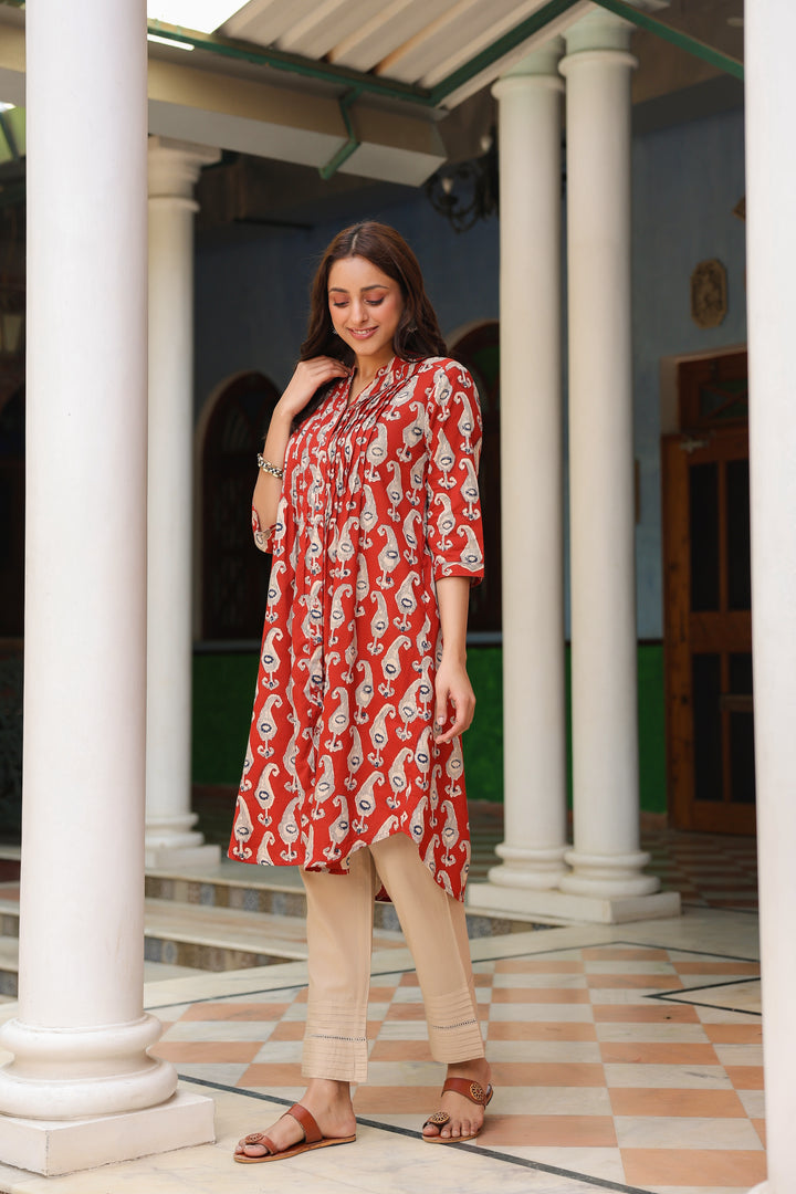 Red Cotton Printed Pintuck Detailed Kurta