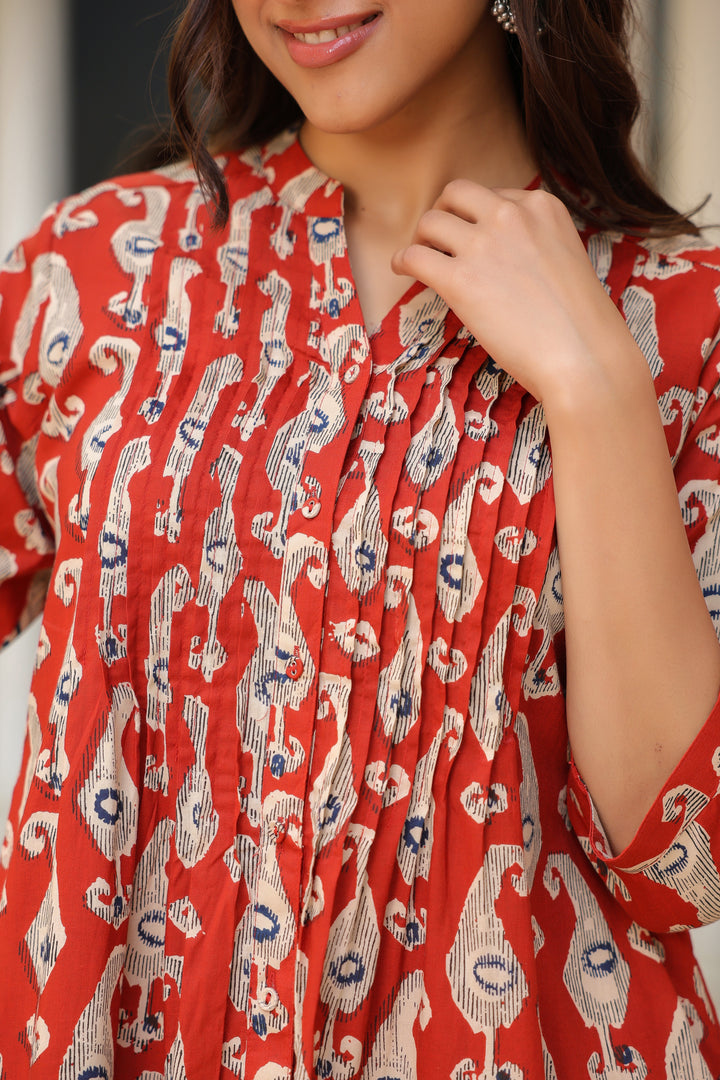 Red Cotton Printed Pintuck Detailed Kurta