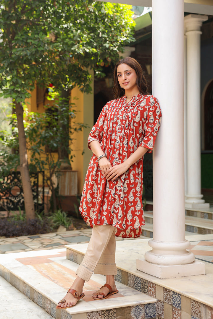 Red Cotton Printed Pintuck Detailed Kurta