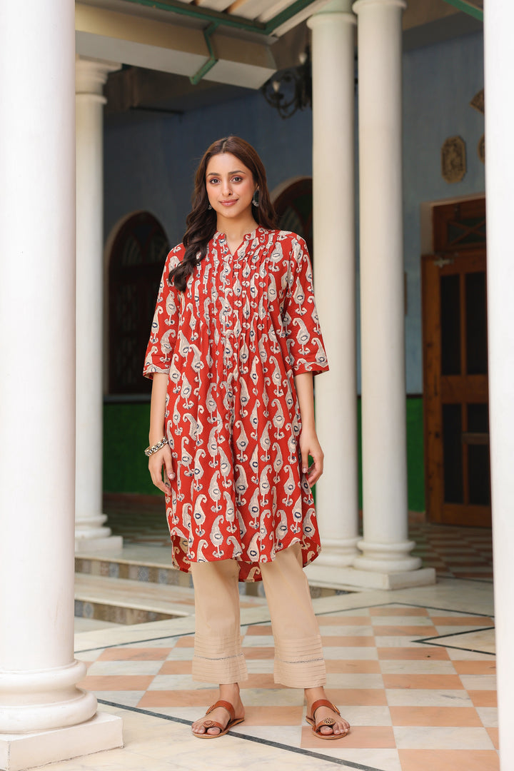 Red Cotton Printed Pintuck Detailed Kurta