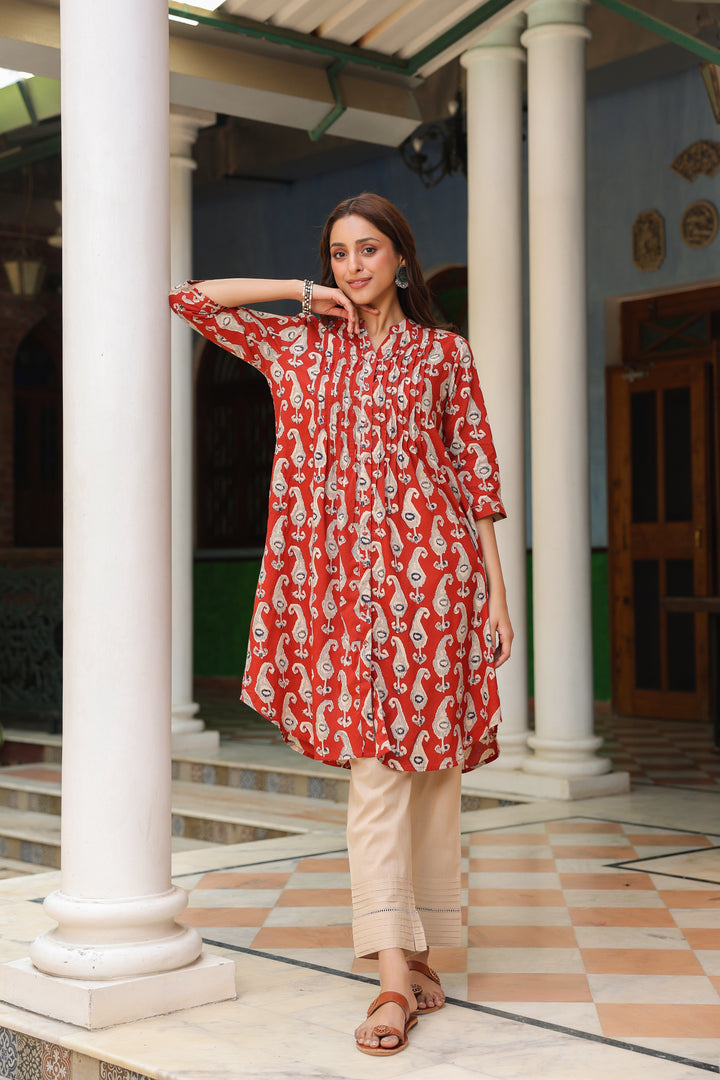 Red Cotton Printed Pintuck Detailed Kurta