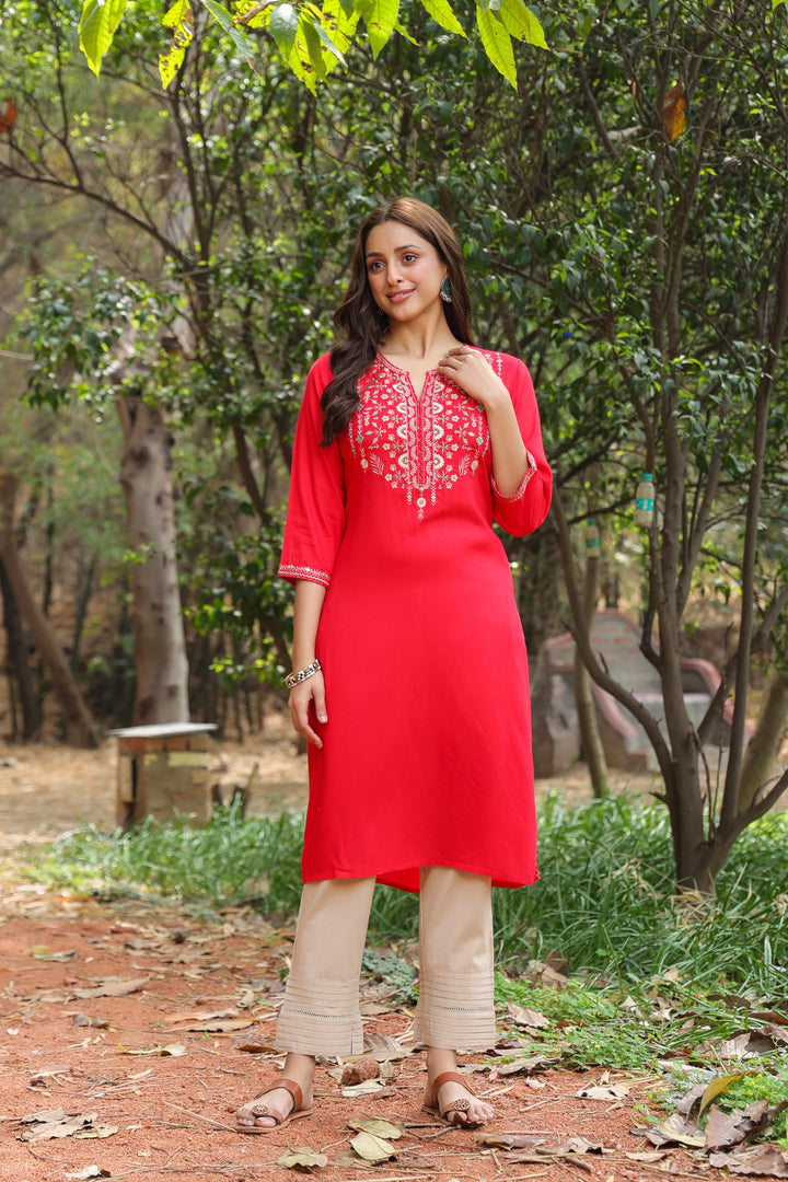 Red Viscose Rayon Embroidered Kurta