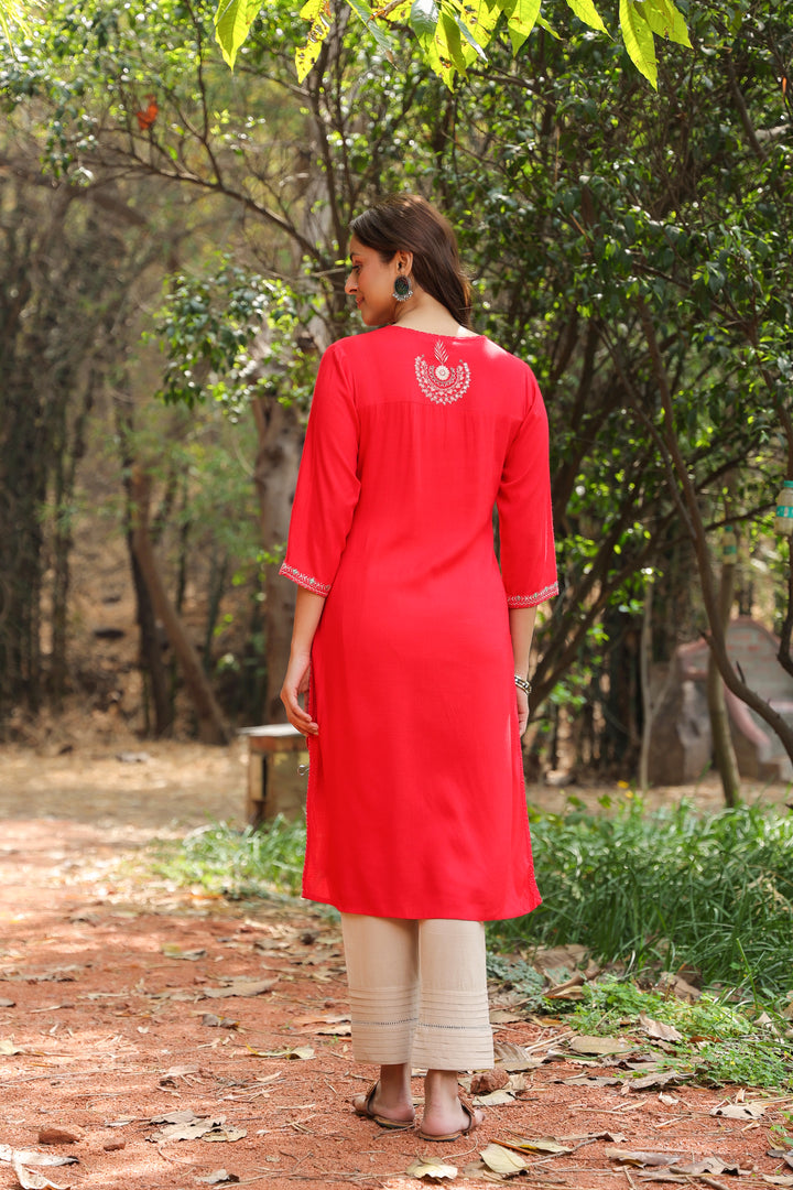 Red Viscose Rayon Embroidered Kurta