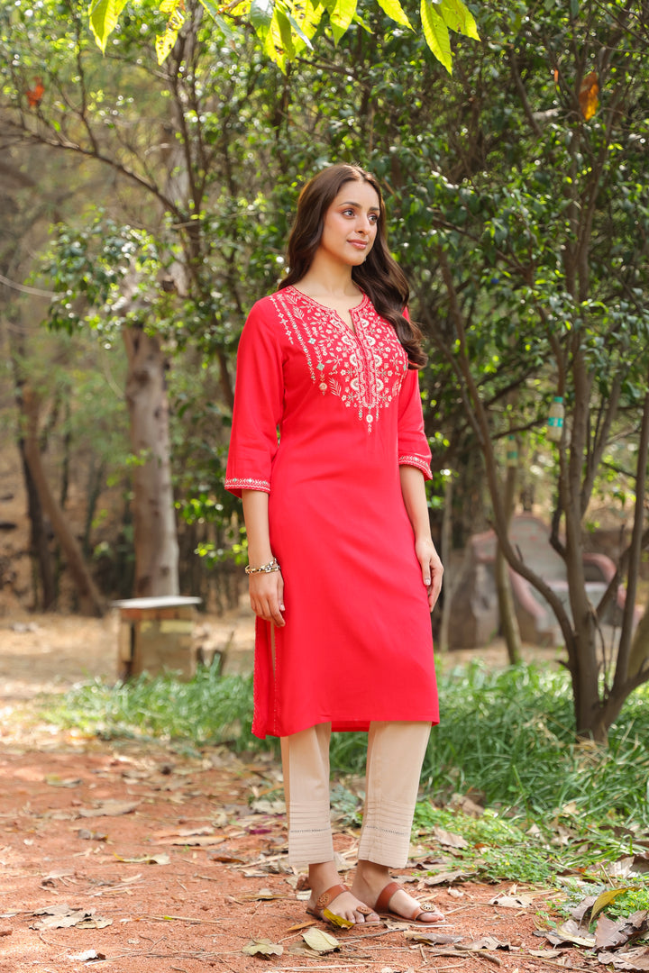 Red Viscose Rayon Embroidered Kurta