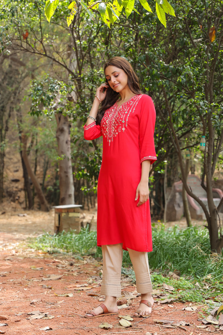 Red Viscose Rayon Embroidered Kurta