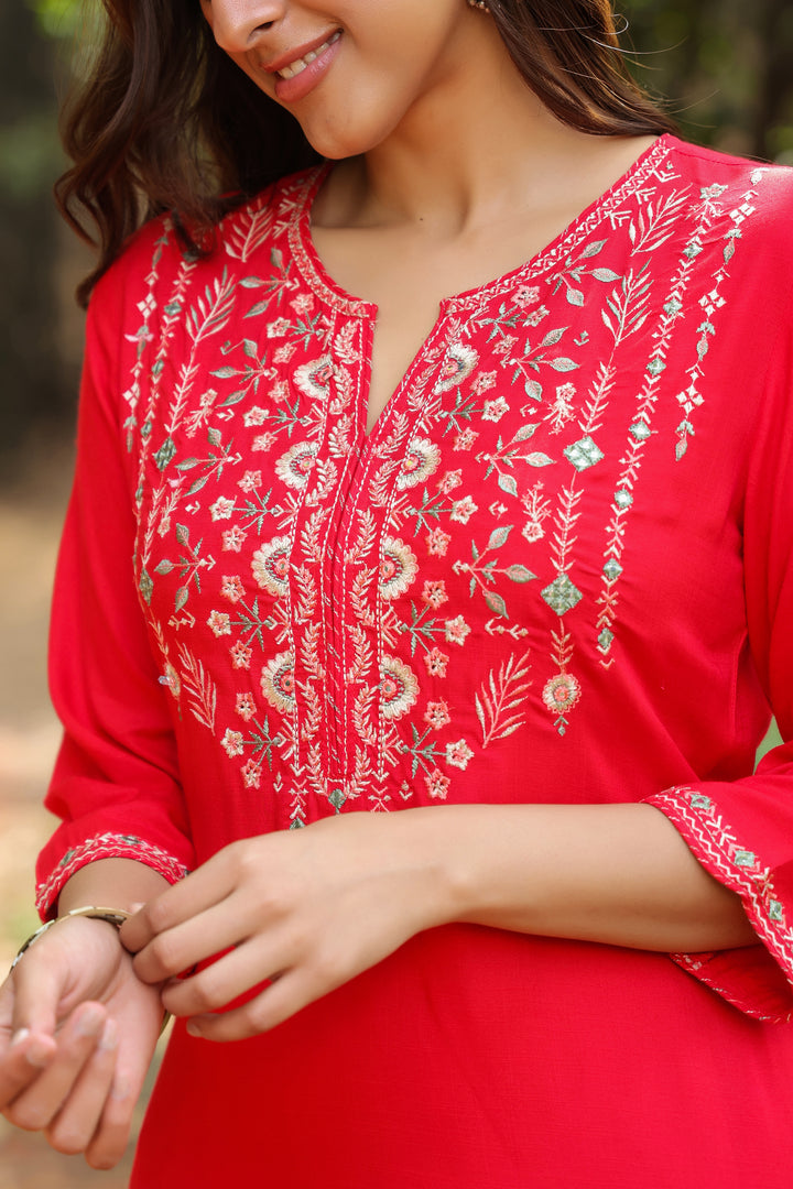 Red Viscose Rayon Embroidered Kurta