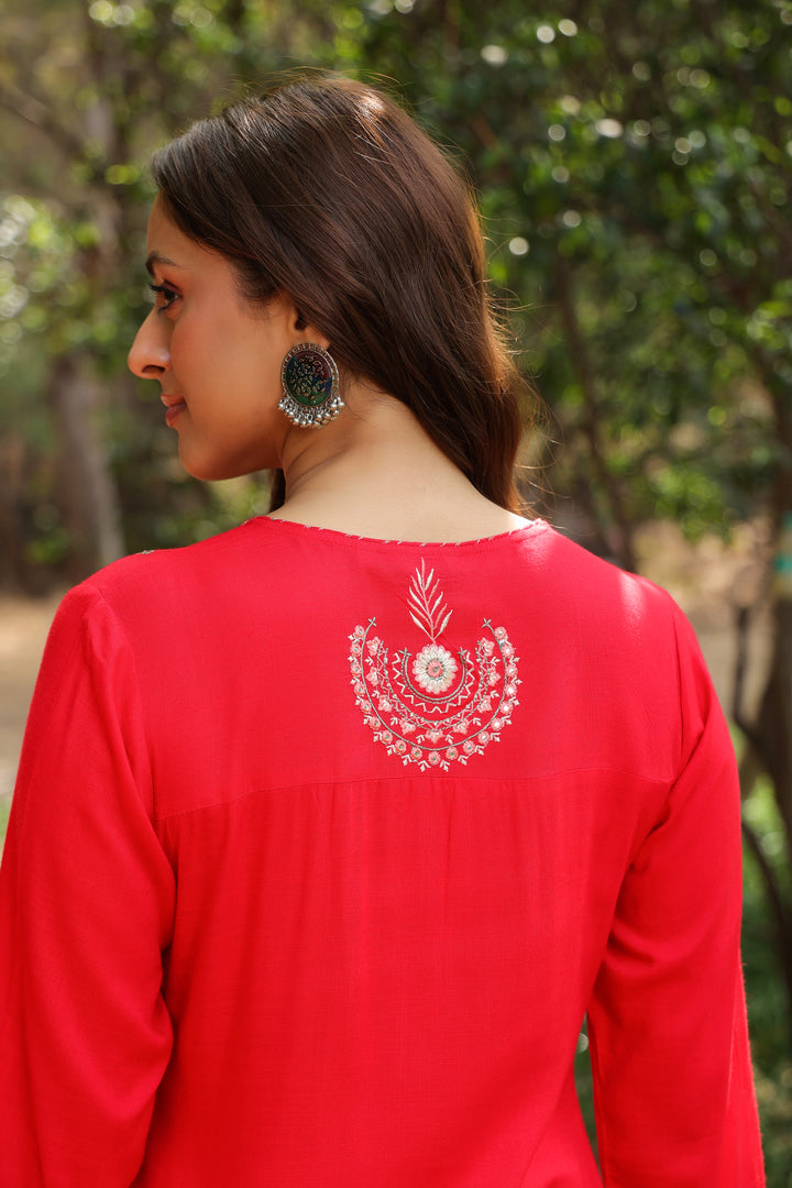 Red Viscose Rayon Embroidered Kurta